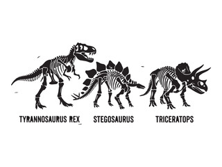 Tyrannosaurus Rex Stegosaurus and Triceratops skeleton silhouettes with text labels © MD