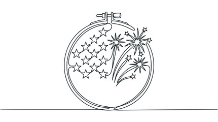 Embroidery hoop with stars and fireworks, continuous line drawing, celebration art © Nurul