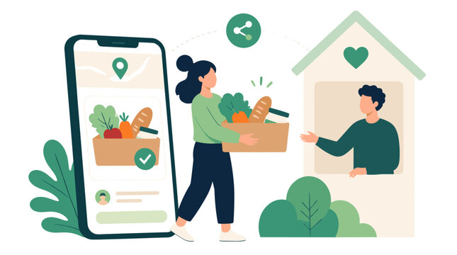 Online grocery delivery illustration with shopper and courier.