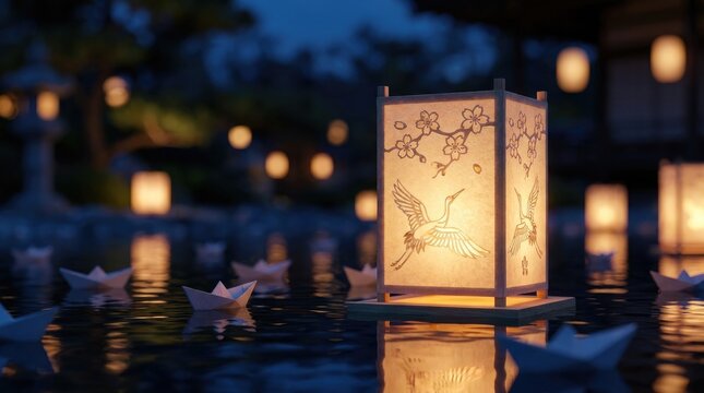Japanese paper lantern with printed crane and cherry blossom design floating on dark water, traditional obon festival honoring ancestral spirit, buddhist prayer ceremony, summer remembrance ritual.
