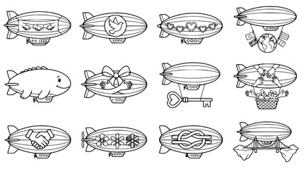 Collection of Hand-Drawn Airship Illustrations with Symbols of Peace, Love, and Unity © Zilong