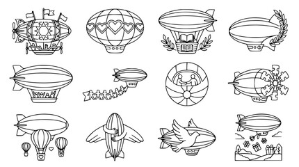 Collection of Hand-Drawn Airships and Blimps, Vintage Transportation Vector Icons © Zilong