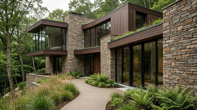 Modern luxury eco friendly house architecture with natural stone walls wood cladding and green roof integrated into nature forest