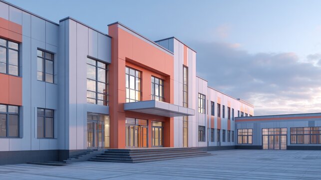 Modern architecture exterior of building with symmetrical design and curved facade