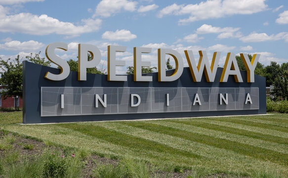 SPEEDWAY INDIANA gateway sign. Speedway, an enclave of Indianapolis, is the home of the Indianapolis Motor Speedway.