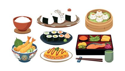 Japanese Cuisine Food Icon Set Vector Featuring Steamed Rice Onigiri Rice Balls Ebi Tempura Donburi Maki Sushi Roll Omurice Dim Sum Steamer Basket and Bento Box Meal Illustrations © MdAsad