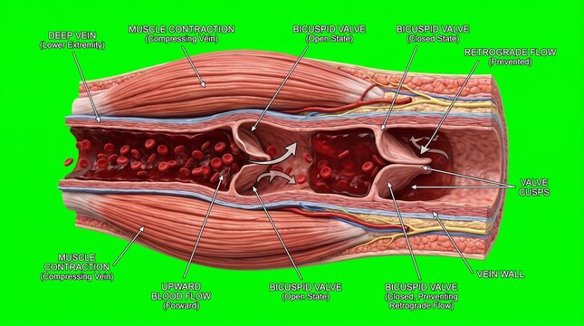 Detailed illustration of a vein with labeled bicuspid valve and blood flow