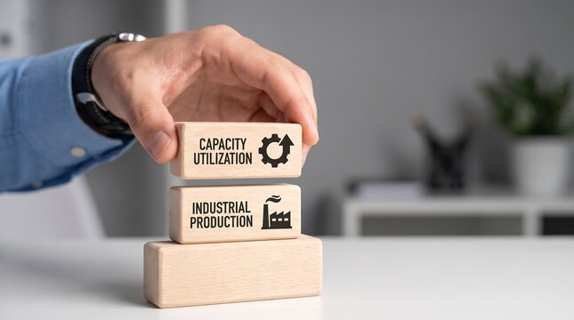 Hand holding block with capacity utilization and gear icon on white table in office
