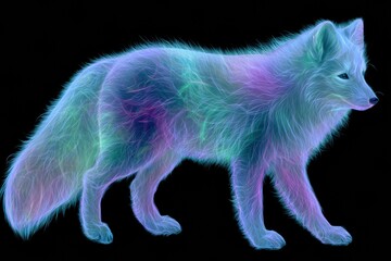 Fototapeta premium An arctic fox is illustrated in a side view with fine neon fur strands glowing in white and blue. There is an aurora glow surrounding the fox.
