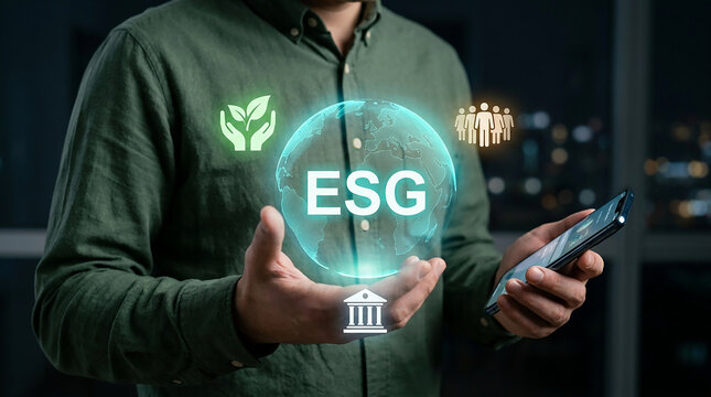 ESG Investment Concept: A person holds a smartphone and a glowing sphere displaying ESG and related icons, symbolizing environmental, social, and governance principles for responsible investing.