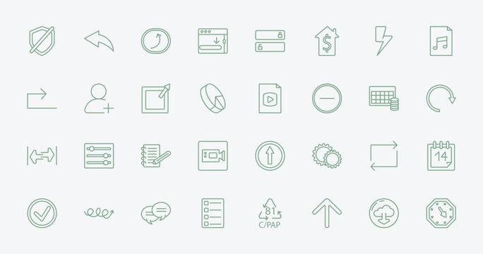 outline user interface icons set - no protection, arrow address back, video file, retweet. editable vector for web and mobile ui