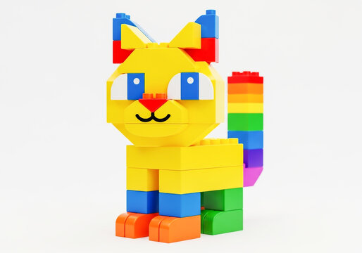 Cute yellow lego cat with rainbow tail and 3d glasses