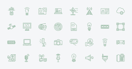 Fototapeta premium outline technology icons set - data visualization, ideas, big floppy disk, electric light bulb. editable vector for web and mobile ui