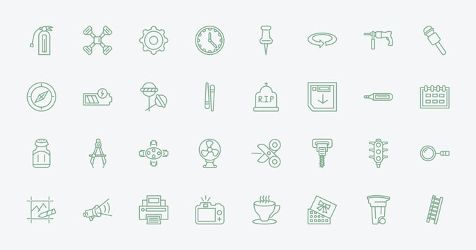 outline tools and utensils icons set - flame extinguisher, cross wrench, grave, semaphore lights. editable vector for web and mobile ui