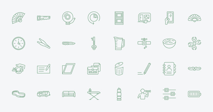 outline tools and utensils icons set - tessen fan, carpentry, pitcher with levels, telephone agenda. editable vector for web and mobile ui
