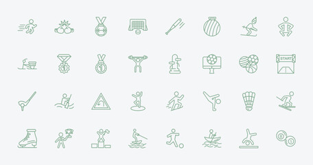 Fototapeta premium outline sports icons set - man sprinting, two boxing gloves, wing chun, shuttlecock. editable vector for web and mobile ui