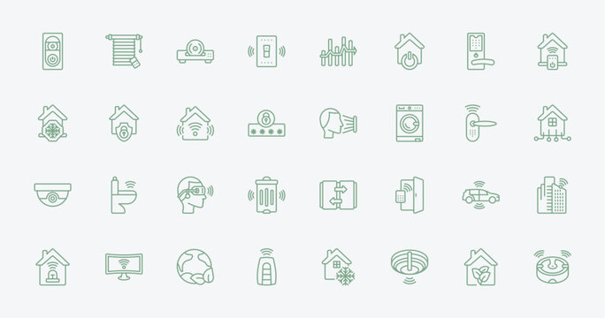 outline smart home icons set - doorbell, jalousie automation, face scan, autonomous car. editable vector for web and mobile ui