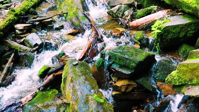 Mingo Creek Cascading Over Small Boulders and Logs at The Bottom of Mingo Falls, Great Smoky Mountains National Park, North Carolina, USA