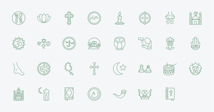 outline religion icons set - fasting, lotus, vigil, muslim. editable vector for web and mobile ui