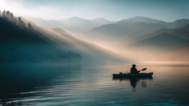 Silhouette boat on serene lake with sun rays mountains and fog