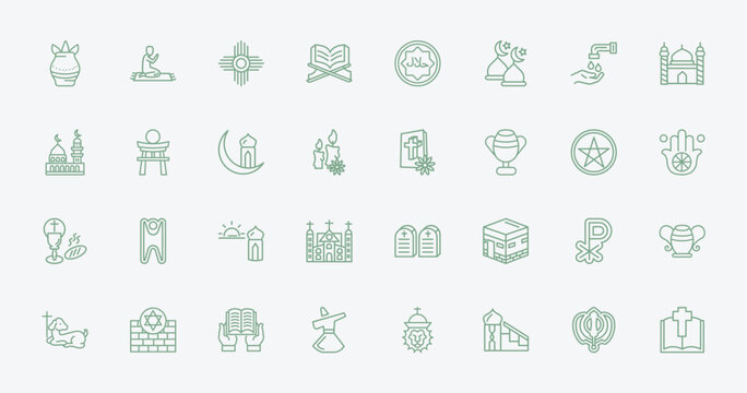 outline religion icons set - kalasha, islamic friday prayer, christian, chi rho. editable vector for web and mobile ui