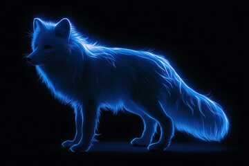 Naklejka premium A bright glowing fox stands against a black background. It shows a summer coat with blue tones and highlights, representing seasonal change.