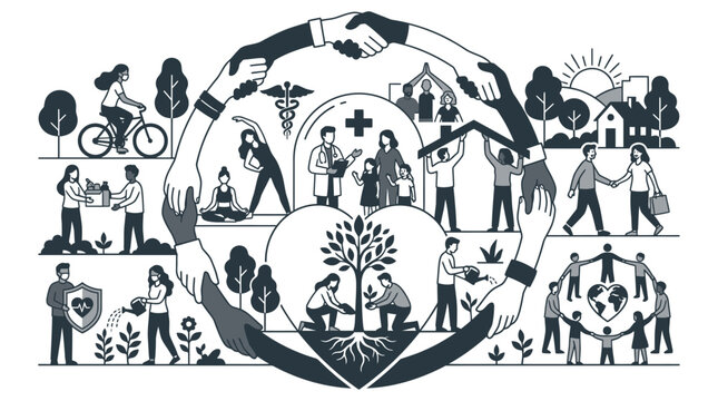 Diverse community illustrations celebrating unity and shared values.