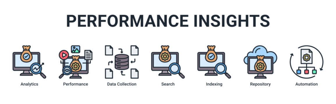 Performance Insights web banner icon vector illustration with icons of Analytics, Performance, Data Collection, Search, Indexing, Repository and Automation