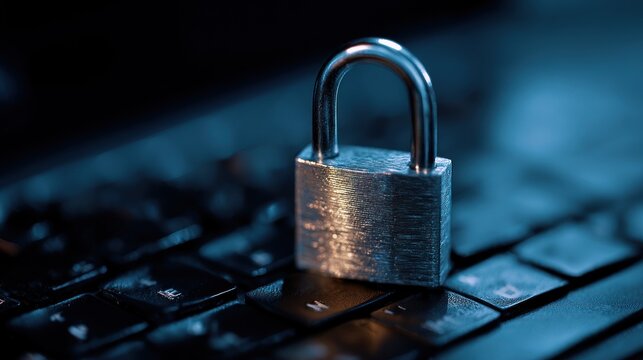 Metallic padlock on a computer keyboard concept of digital security