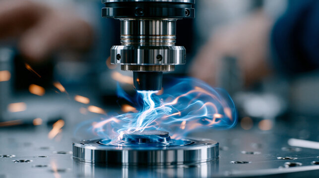 An action-style shot of a semiconductor etching process with glowing plasma, positioned on the center-right rule of thirds intersection, the plasma movement follows a Fibonacci spi