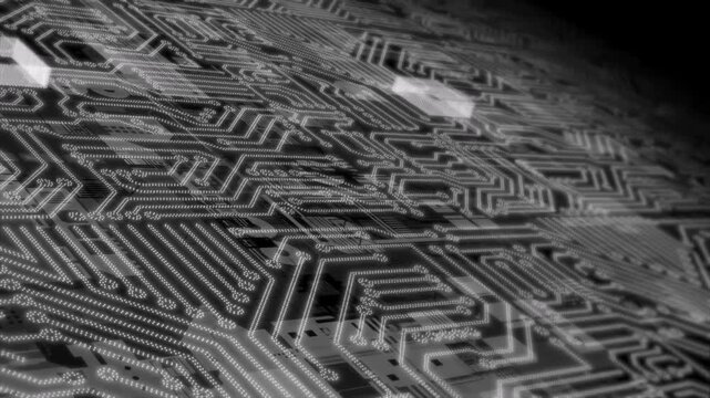 This animation shows futuristic data flowing through lighted conductor paths that move dynamically along the microchip and processor.