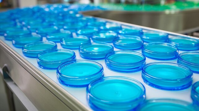 Industrial vacuum forming machine creating blue plastic containers on a production line, highlighting mass manufacturing efficiency.