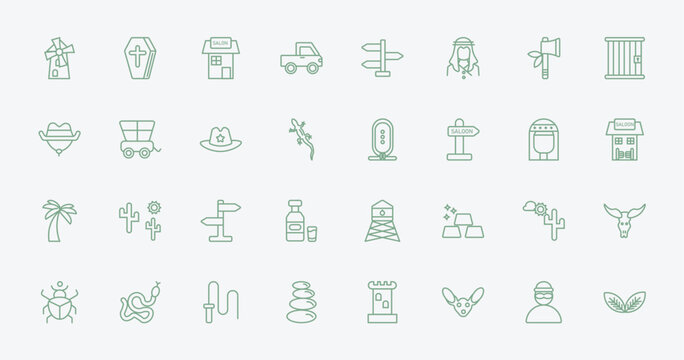 outline desert icons set - mill, wooden coffin, hiero, desert landscape. editable vector for web and mobile ui
