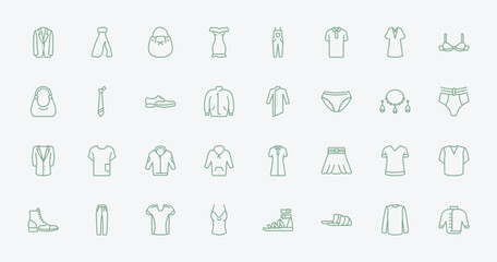 outline clothes icons set - jersey blazer, long bandeau dress, kurta, t shirt. editable vector for web and mobile ui © IconArt