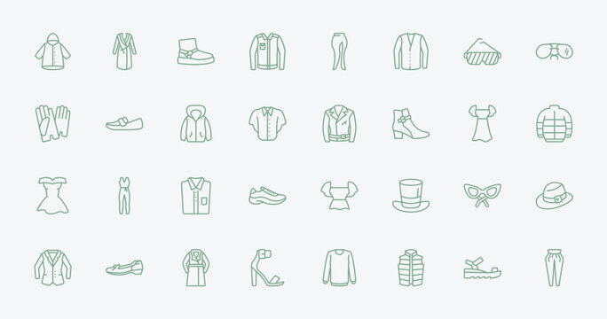 outline clothes icons set - nylon jacket, housecoat, leather biker jacket, cat eye glasses. editable vector for web and mobile ui