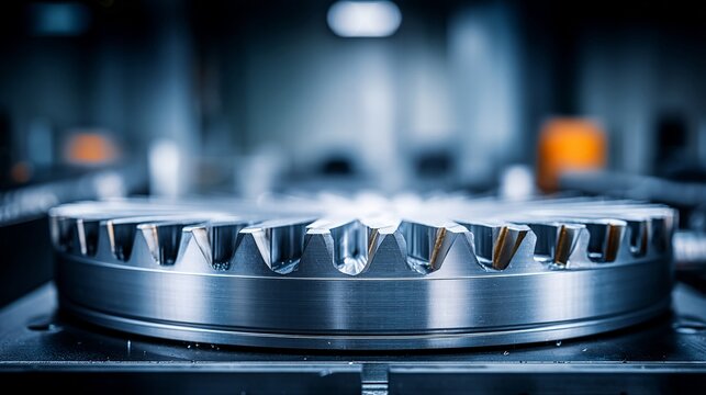 Intricate close-up of a high-precision milling machine cutter creating sharp, metallic gear teeth