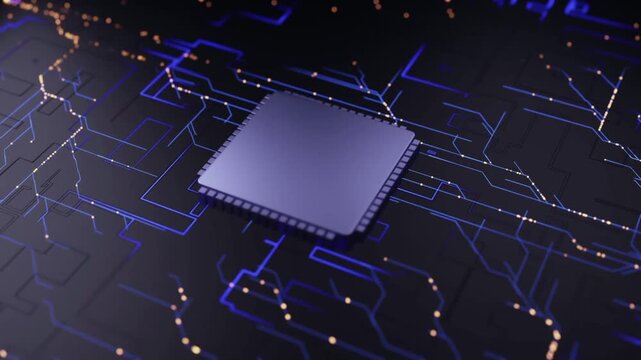  A futuristic flow of digital data&mdash;visible as blue neon light and golden-orange electrical pulses&mdash;moves dynamically along the circuit pathways toward the main chip.