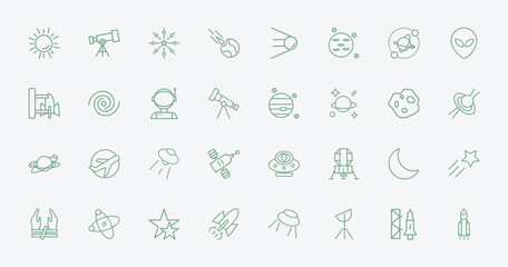 outline astronomy icons set - big sun shining, telescope pointing up, venus with satellite, big moon. editable vector for web and mobile ui © IconArt