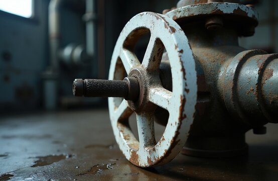 Close up of rusty old water valve wheel. Industrial metal equipment in old factory. Plumbing control mechanism on wet floor. Aged machinery part.