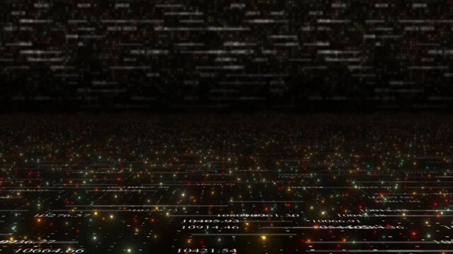 A visualization of binary data streams, financial figures, and statistics moving dynamically across a horizontal grid plane.