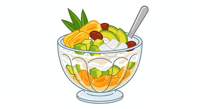 Vector illustration of Es Teler or Es Campur, a popular Indonesian iced fruit cocktail dessert with avocado, jackfruit, coconut meat, and condensed milk in a glass bowl.