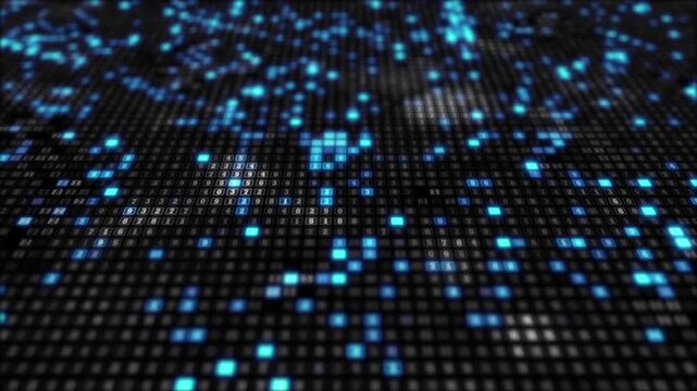 A matrix grid of digital random numbers and binary codes that are constantly changing. It features dynamically flickering blue and white pixel light effects, 