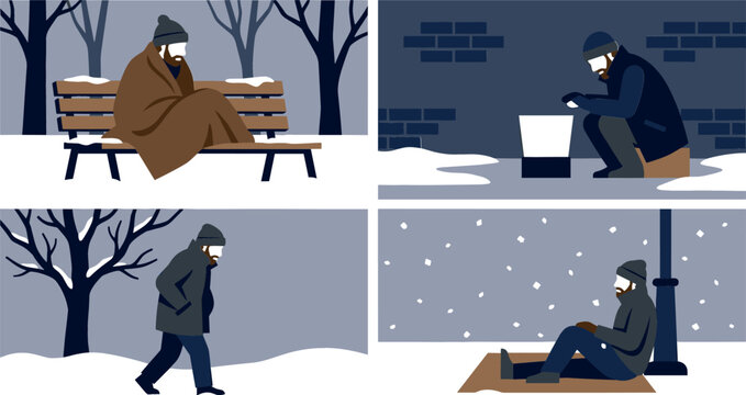 Homeless Person Shivering in Winter Cold Vector Scene Set Featuring Poor Man Wrapped in Blanket on Park Bench Begging on Snowy Street and Sleeping on Sidewalk