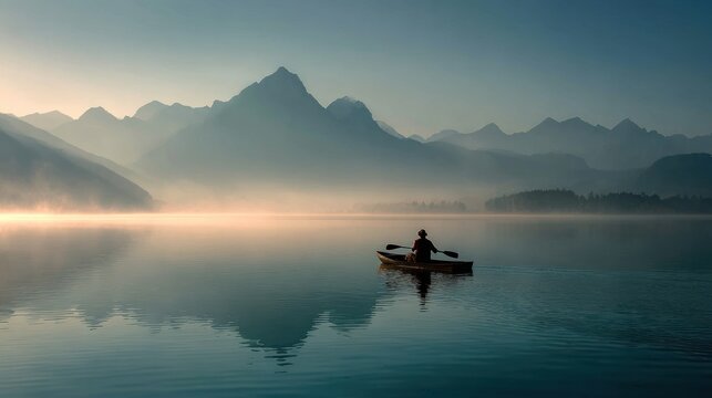 Tranquil lake scene with misty mountains and boat silhouette at sunrise
