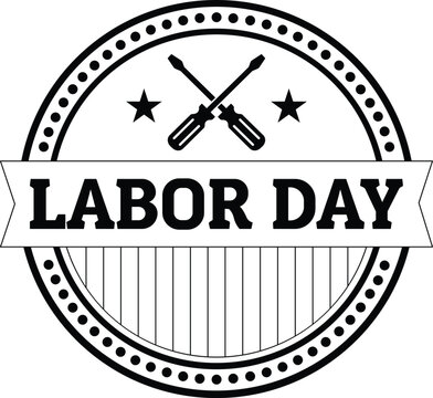 Labor day black monochrome circular badge with crossed screwdrivers stars ribbon banner and dot border design