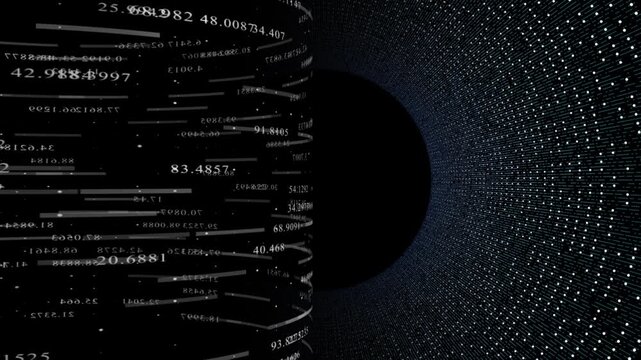 abstract looping background featuring a modern digital world concept. On the left, a rotating cylindrical pillar appears, filled with lines of code, moving lines, and dynamic, random decimal numbers.