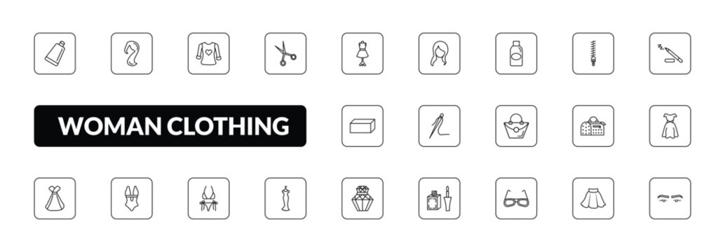 outline woman clothing icons set - creme container black, female long black hair, scissors inverted view, eyebrow. editable vector for web and mobile ui