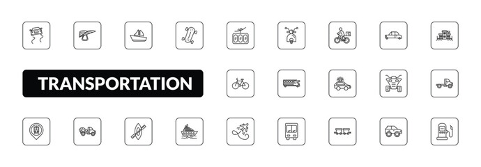 outline transportation icons set - slippy road, hang glider, longboard, fuel dispenser. editable vector for web and mobile ui © IconArt
