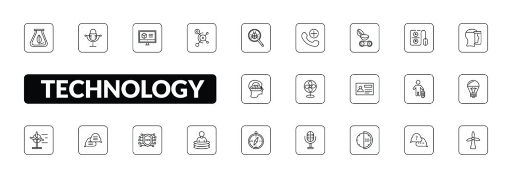 outline technology icons set - biomass, old mic, social graph, eolic. editable vector for web and mobile ui