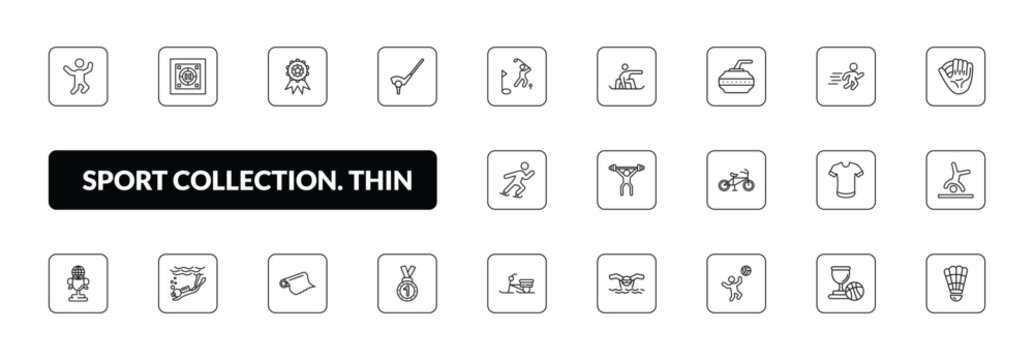 outline sport collection. thin icons set - jumping dancer, dohyo, golf, shuttlecock. editable vector for web and mobile ui
